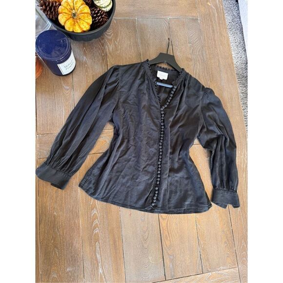 Anthropologie We are Sundays Cora Blouse Black Cotton Long Balloon Sleeve Size X - Picture 1 of 9